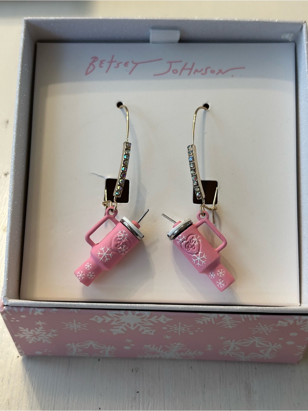 Betsey Johnson dangle earrings with fun pink tumbler design